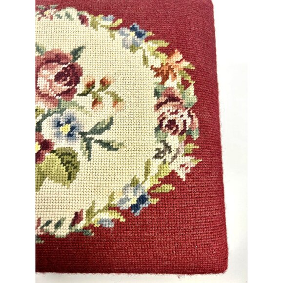Mahogany Footstool Floral Needlepoint Cushion Foot Rest Vintage Flowers Burgandy - Picture 6 of 16